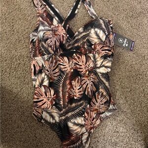 Hurley Women's One-Piece Swimsuit - Scattered Palm Print (Black, Cream, Brown)